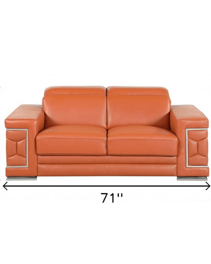 71" Camel And Silver Genuine Leather Love Seat