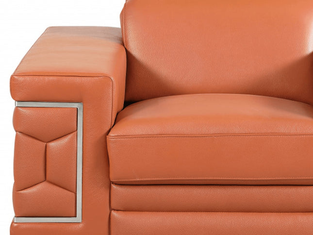 47" Brown And Silver Genuine Leather Arm Chair