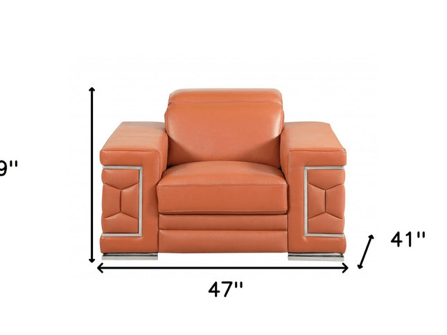 47" Brown And Silver Genuine Leather Arm Chair