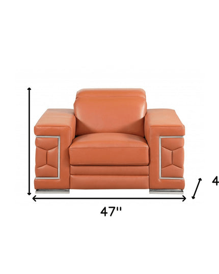 47" Brown And Silver Genuine Leather Arm Chair