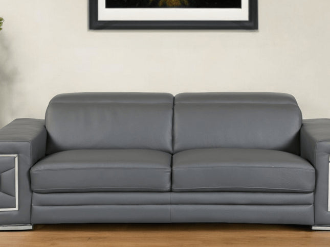 89" Dark Gray Italian Leather Sofa With Silver Legs