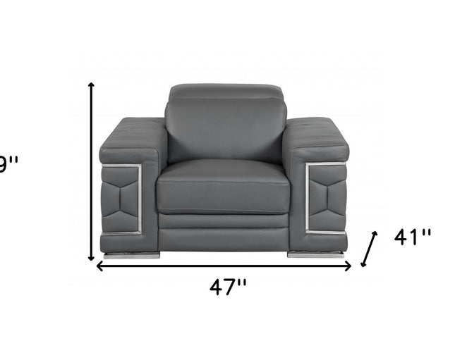 47" Dark Gray And Silver Genuine Leather Arm Chair