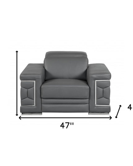 47" Dark Gray And Silver Genuine Leather Arm Chair