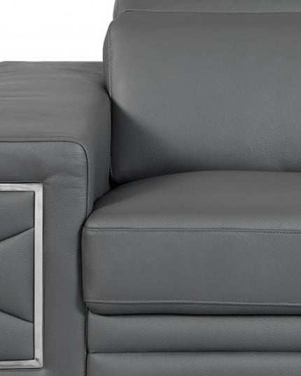 47" Dark Gray And Silver Genuine Leather Arm Chair