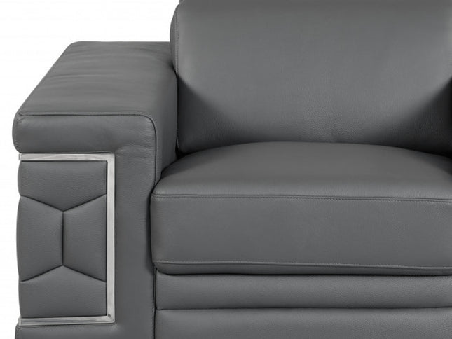 47" Dark Gray And Silver Genuine Leather Arm Chair