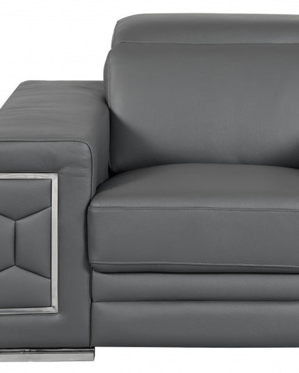 47" Dark Gray And Silver Genuine Leather Arm Chair