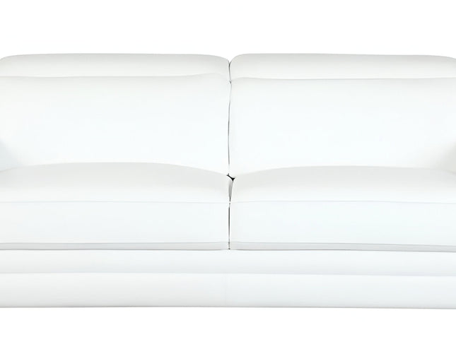89" White Italian Leather Sofa With Silver Legs