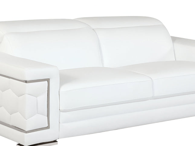 89" White Italian Leather Sofa With Silver Legs