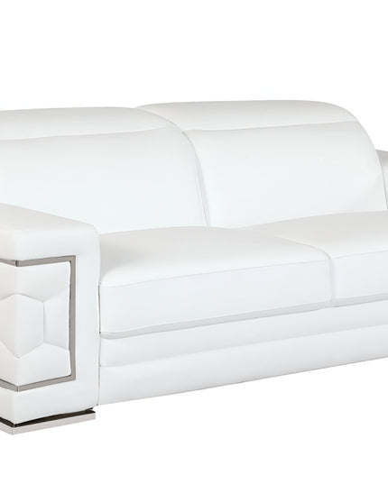 89" White Italian Leather Sofa With Silver Legs
