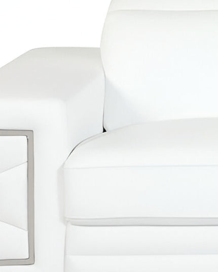 89" White Italian Leather Sofa With Silver Legs