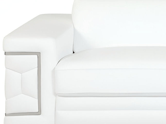 89" White Italian Leather Sofa With Silver Legs