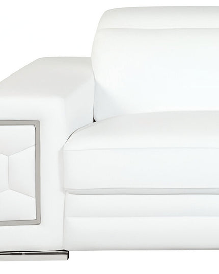 89" White Italian Leather Sofa With Silver Legs