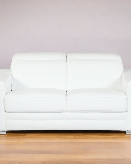 71" White Italian Leather Sofa With Silver Legs