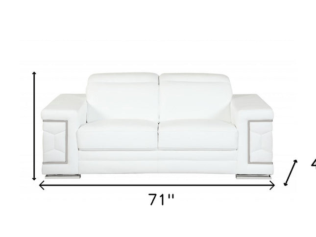 71" White Italian Leather Sofa With Silver Legs