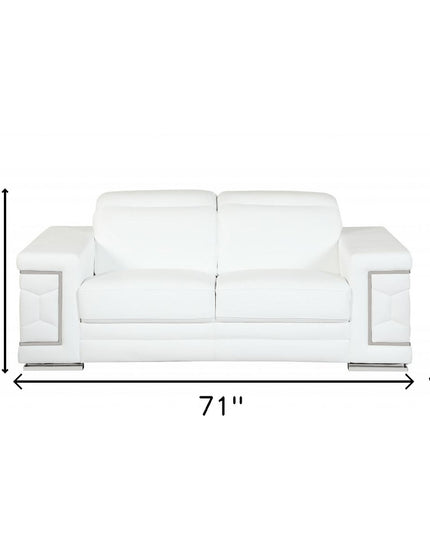 71" White Italian Leather Sofa With Silver Legs