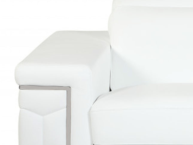71" White Italian Leather Sofa With Silver Legs