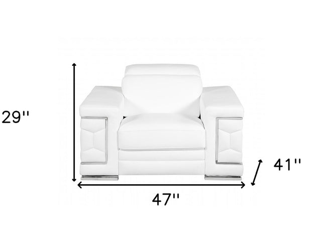47" White And Silver Genuine Leather Arm Chair