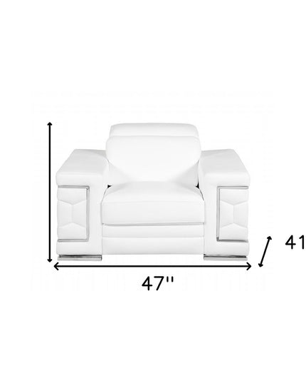 47" White And Silver Genuine Leather Arm Chair