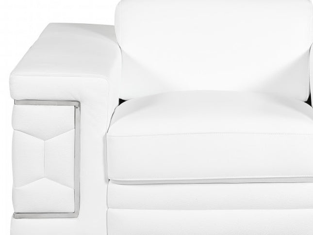 47" White And Silver Genuine Leather Arm Chair