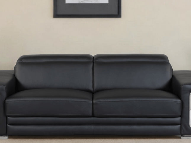 89" Black Italian Leather Sofa With Silver Legs