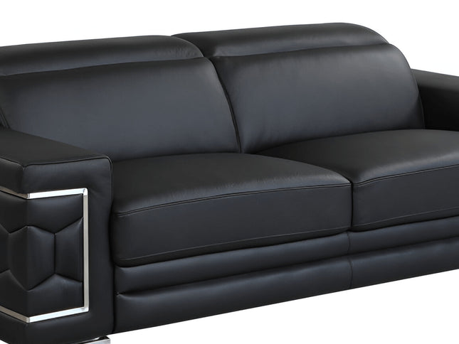 89" Black Italian Leather Sofa With Silver Legs