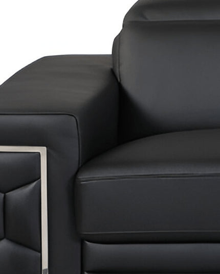 89" Black Italian Leather Sofa With Silver Legs