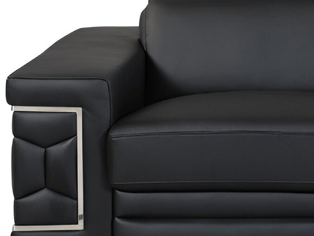 89" Black Italian Leather Sofa With Silver Legs