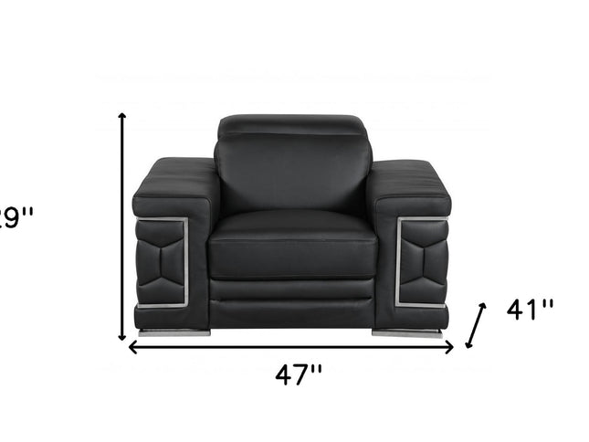 47" Black And Silver Genuine Leather Arm Chair