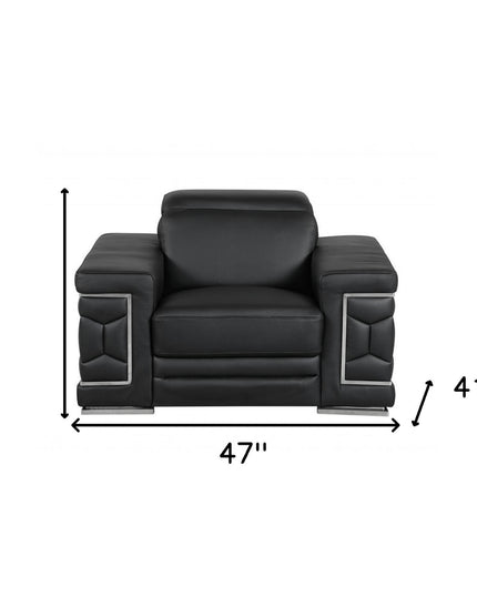 47" Black And Silver Genuine Leather Arm Chair