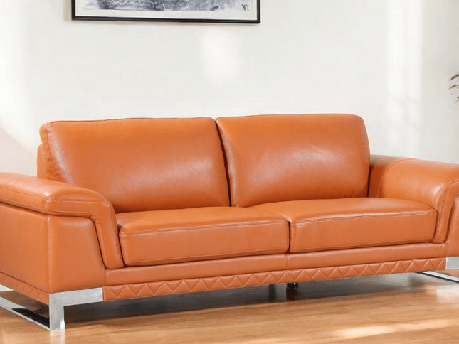 90" Orange Italian Leather Sofa With Silver Legs