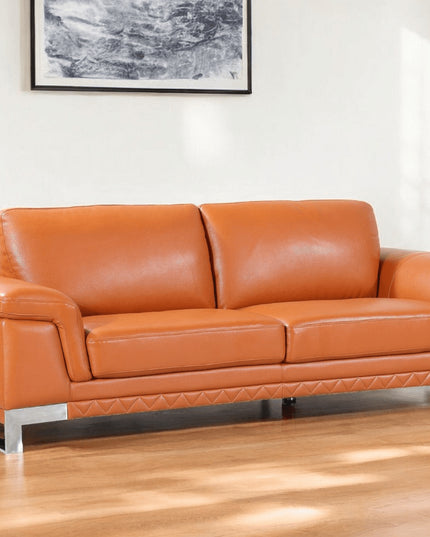 90" Orange Italian Leather Sofa With Silver Legs