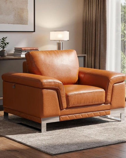 49" Brown And Silver Genuine Leather Arm Chair