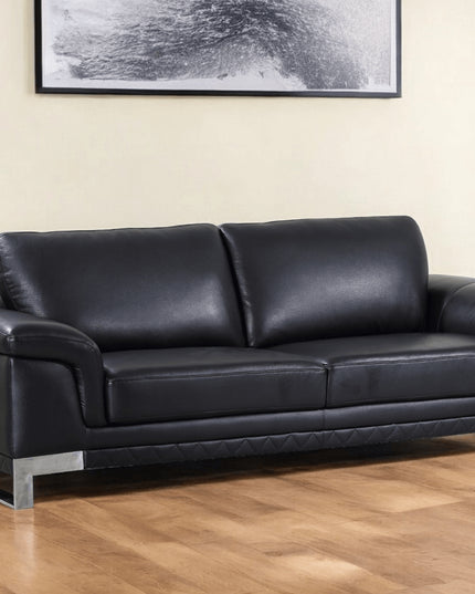 90" Black Italian Leather Sofa With Silver Legs