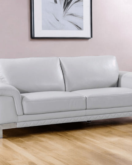 90" Light Gray Italian Leather Sofa With Silver Legs
