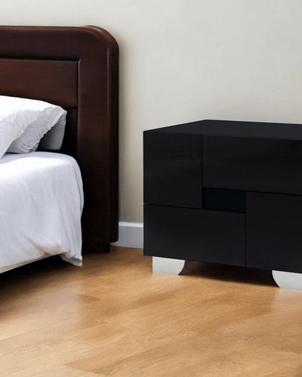 18" Black Wood And Mirrored Glass Two Drawer Nightstand