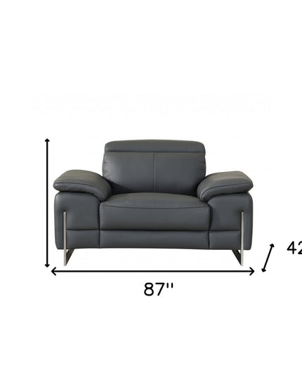 87" Gray And Silver Faux Leather Club Chair