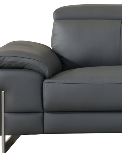 87" Dark Gray Italian Leather Sofa With Silver Legs