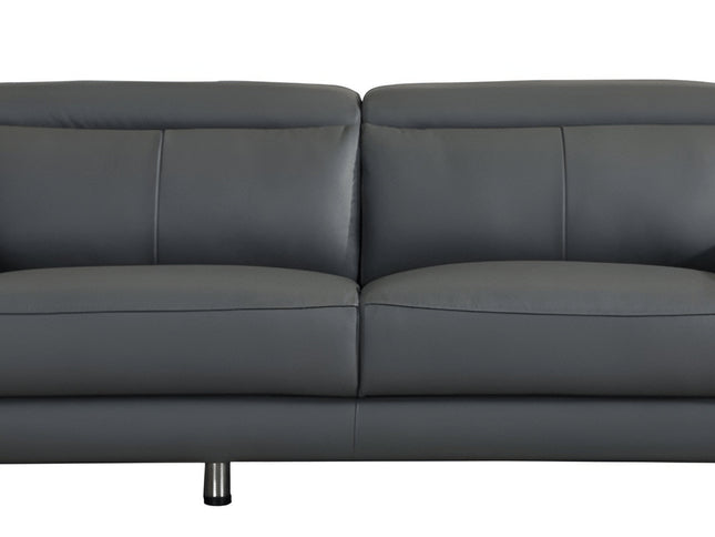 87" Dark Gray Italian Leather Sofa With Silver Legs