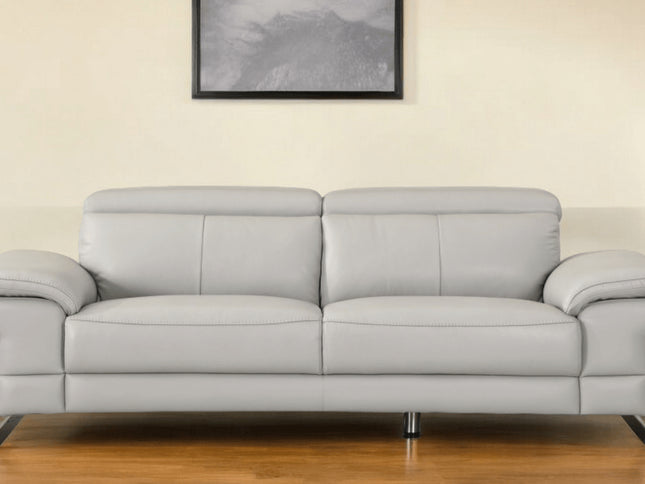 87" Light Gray Italian Leather Sofa With Silver Legs