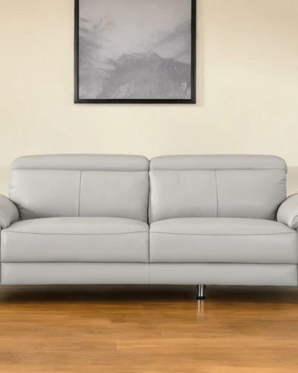 87" Light Gray Italian Leather Sofa With Silver Legs