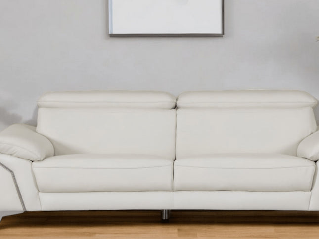87" White Italian Leather Sofa With Silver Legs