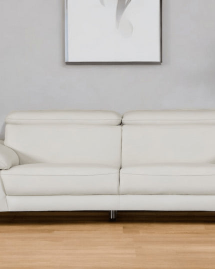 87" White Italian Leather Sofa With Silver Legs