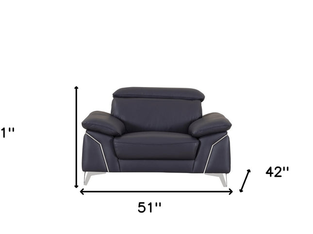 51" Blue And White Genuine Leather Chair and a Half