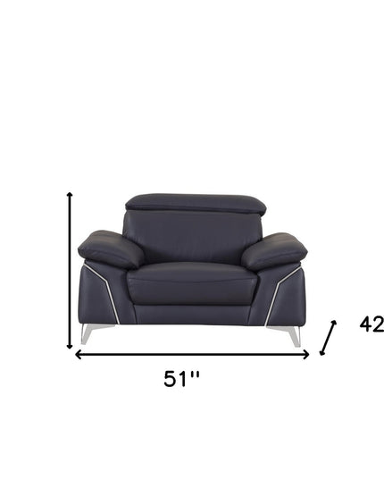 51" Blue And White Genuine Leather Chair and a Half