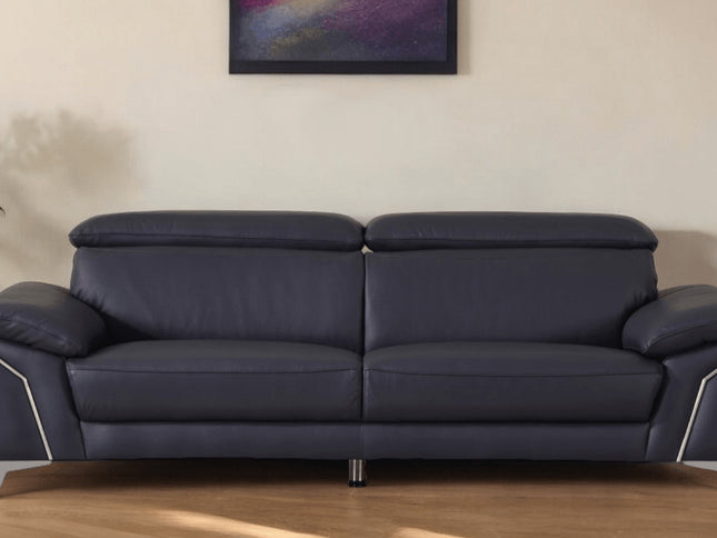 87" Blue Italian Leather Sofa With Silver Legs