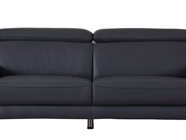 87" Blue Italian Leather Sofa With Silver Legs