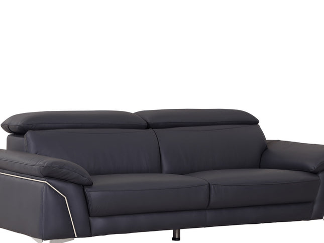 87" Blue Italian Leather Sofa With Silver Legs