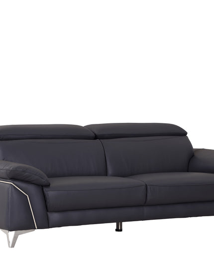 87" Blue Italian Leather Sofa With Silver Legs