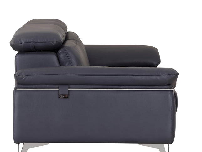 87" Blue Italian Leather Sofa With Silver Legs