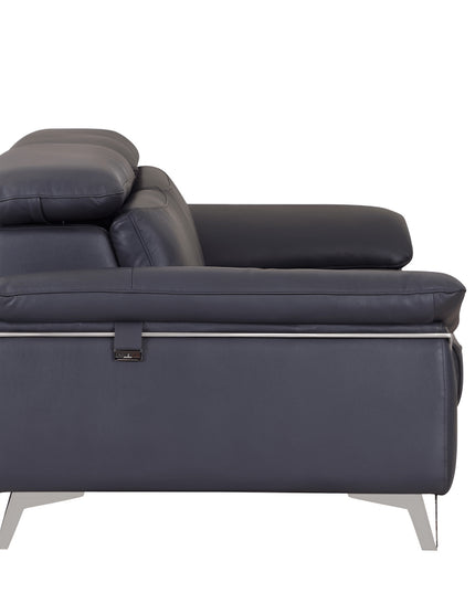 87" Blue Italian Leather Sofa With Silver Legs